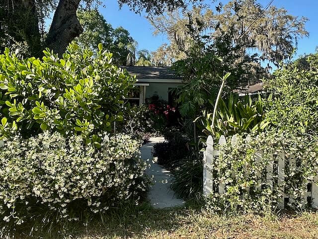 View from the road. Lots of plants make this home feel super-private.