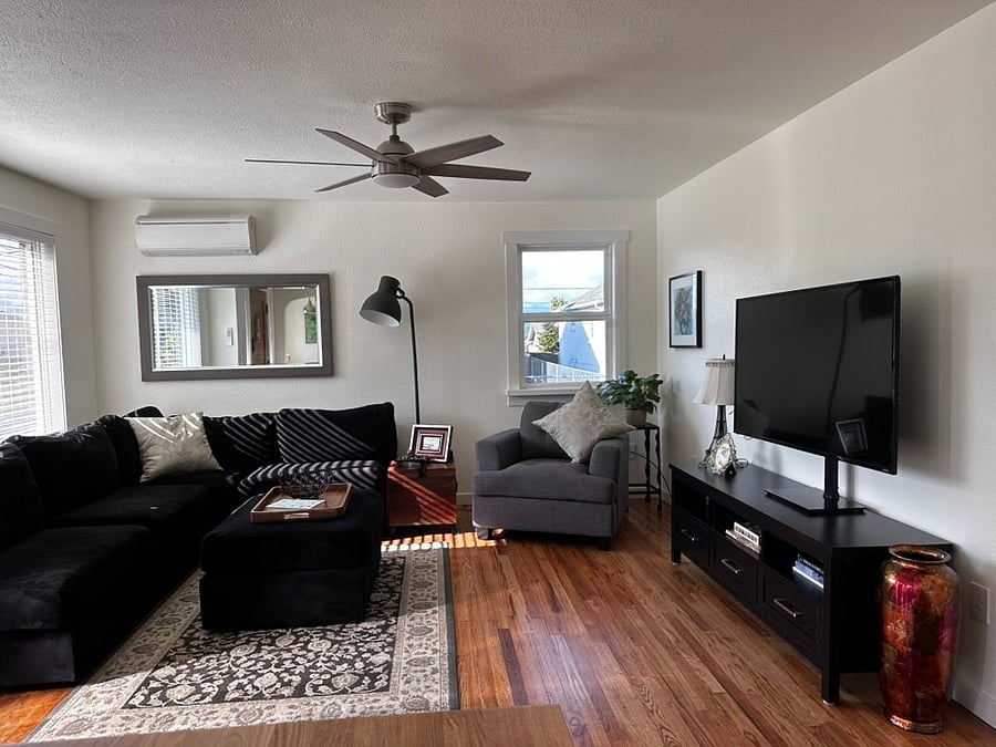 A comfy sectional sofa for relaxing. Enjoy the large tv screen for movie watching.