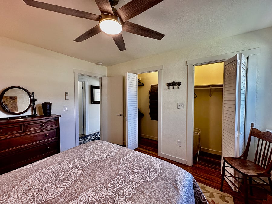 Two closets with plenty of places to hang your clothers and store your shoes. Closet lights will make it easy to find what you need.