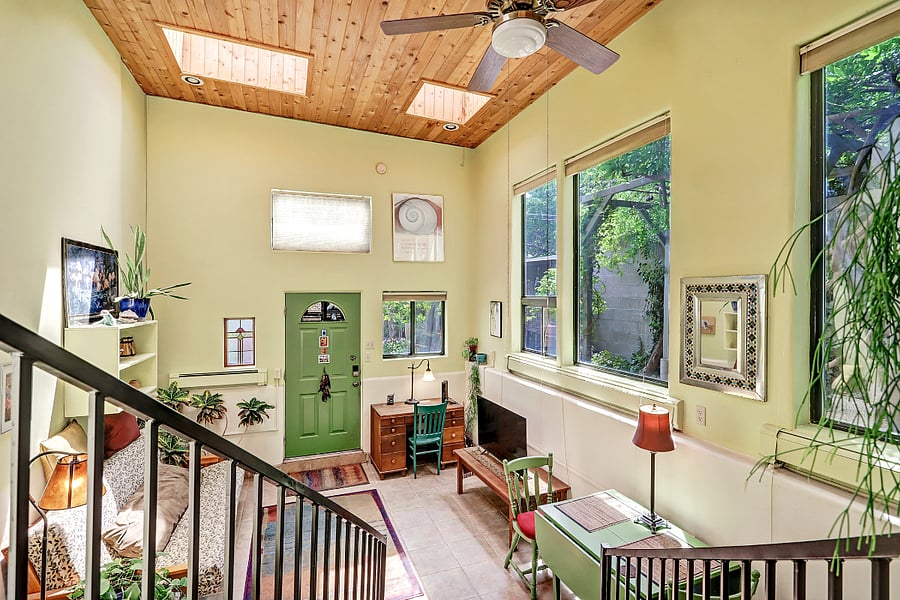 Living room, looking down from the raised kitchen