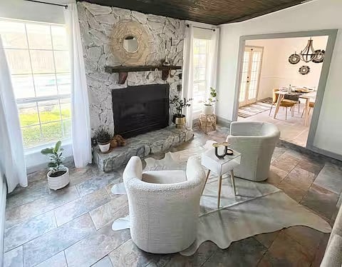 Wood fireplace sitting area