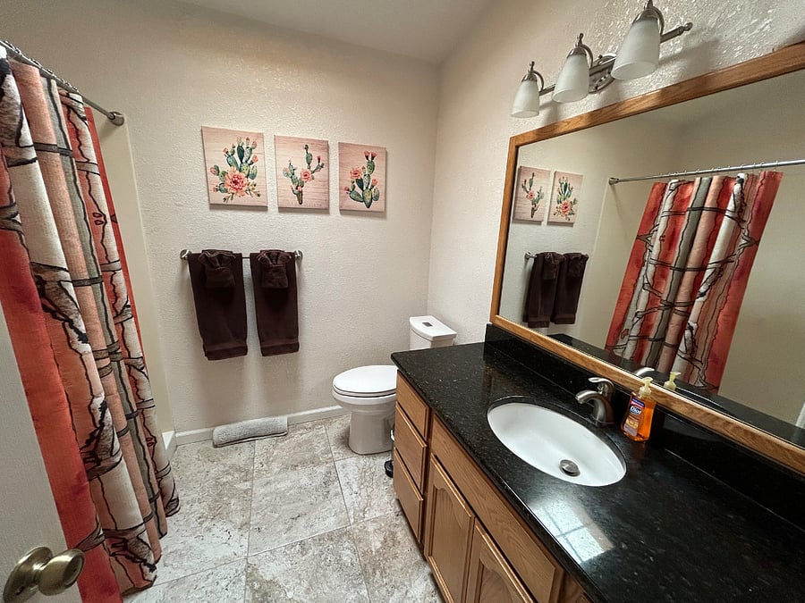 This bathroom is accessed from the bedroom suite. It has a skylight, full-size shower and linen closet.