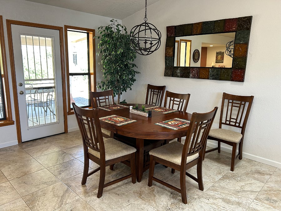 With an open floor plan, the dining room overlooks the living room and kitchen.