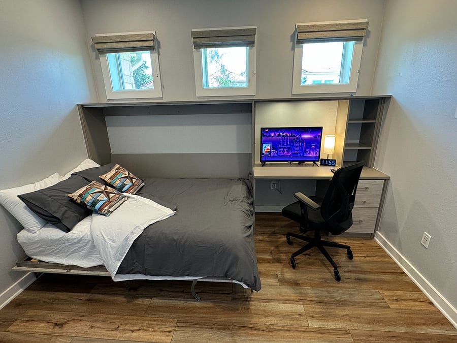 Fold Down Murphy Bed and Roku TV (with Guest mode) or external monitor for computer.