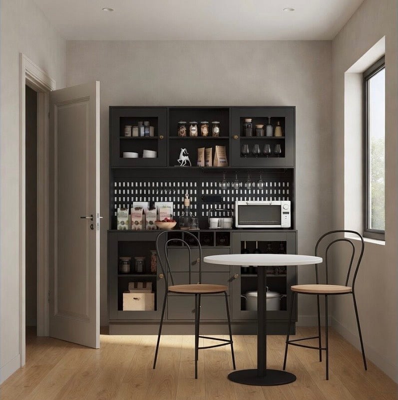 Private dining area with charming bistro dining yah-able, kitchenette, microwave, toaster, fridge and counter.