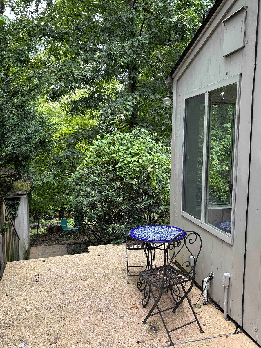 Outdoor area - stairs lead to private wooded area with seating