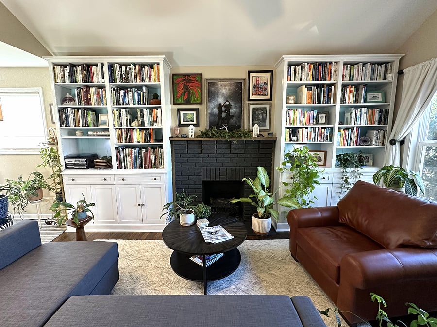 Living room with well-stocked library, ambient lighting, electric fireplace