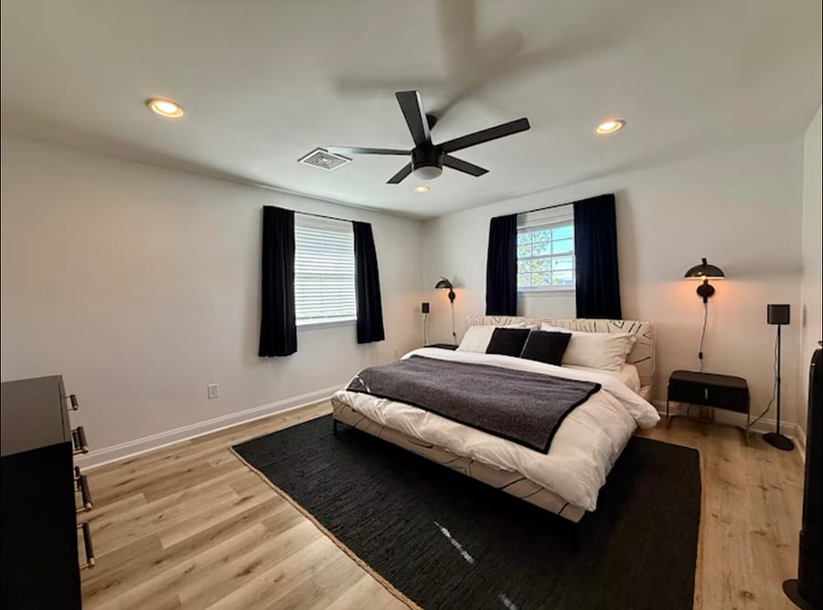 Master bed room with a king sized Stearns & Foster mattress. 