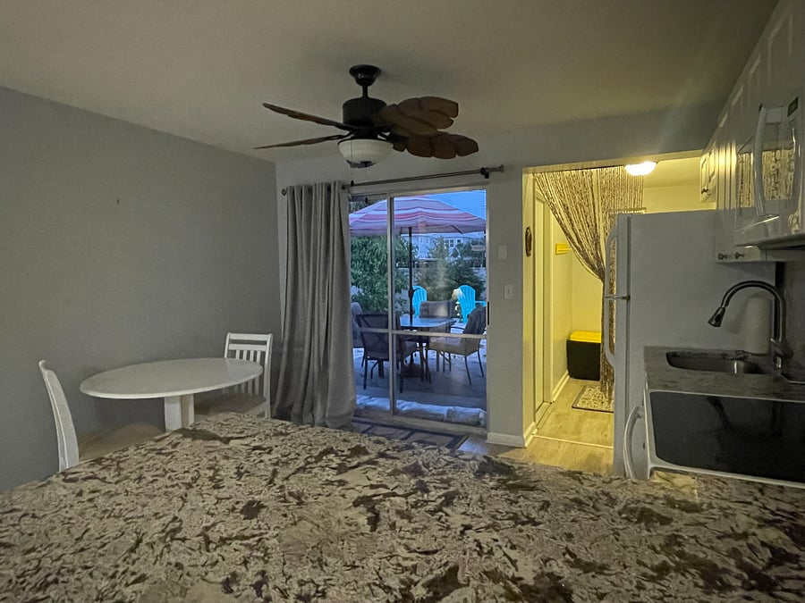 Open living room/kitchen with sliders to the backyard.