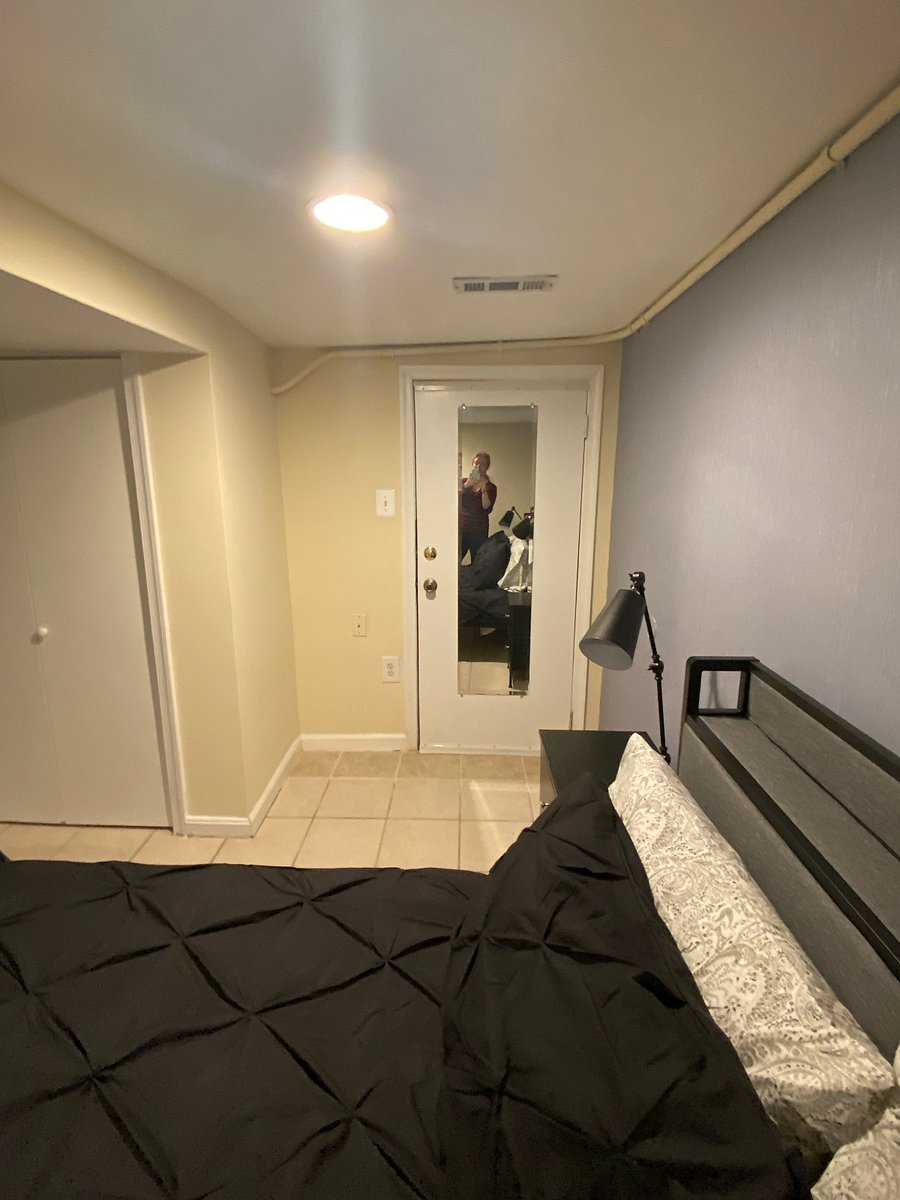 Bedroom has one large closet, and additional closet is located in hallway outside of bedroom.