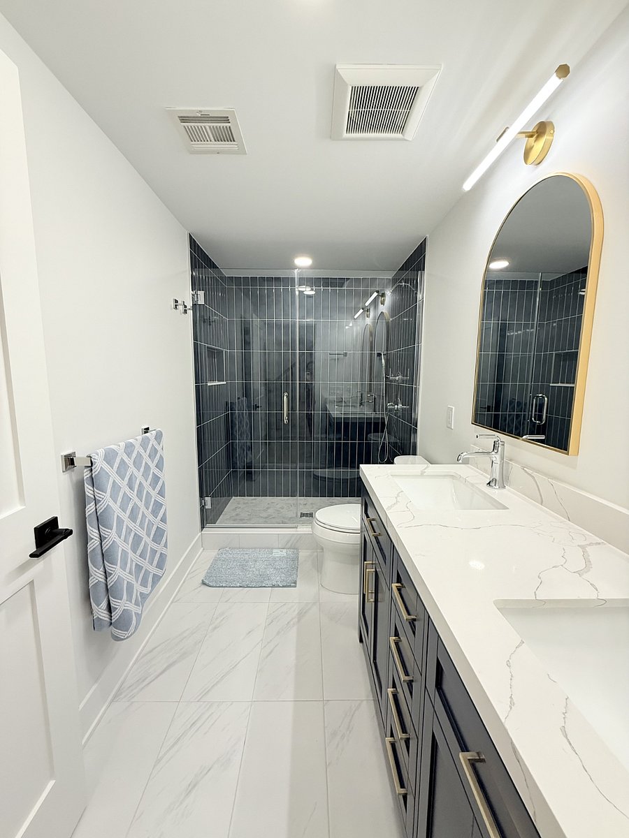 Brand new luxury bathroom with walk-in shower, double vanity
