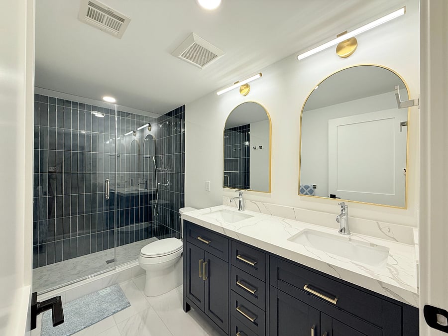 Brand new luxury bathroom with walk-in shower, double vanity