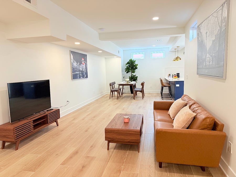Overview of living room + dining room + kitchen, all separate from the owner