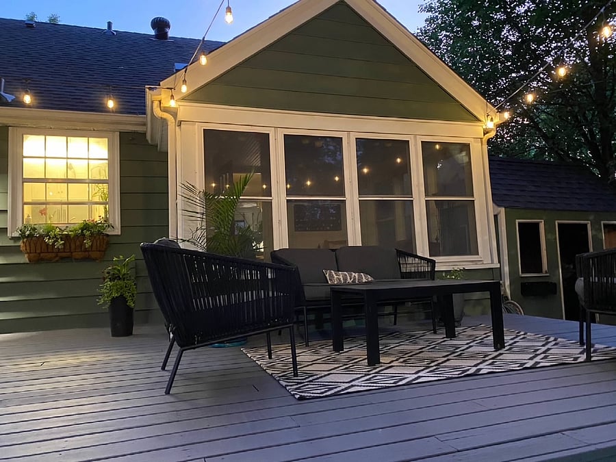 Backyard deck with patio furniture. We also have an outdoor dining table with 6 chairs as well as a charcoal grill and a fire pit with 4 chairs. Fully private and fenced backyard.