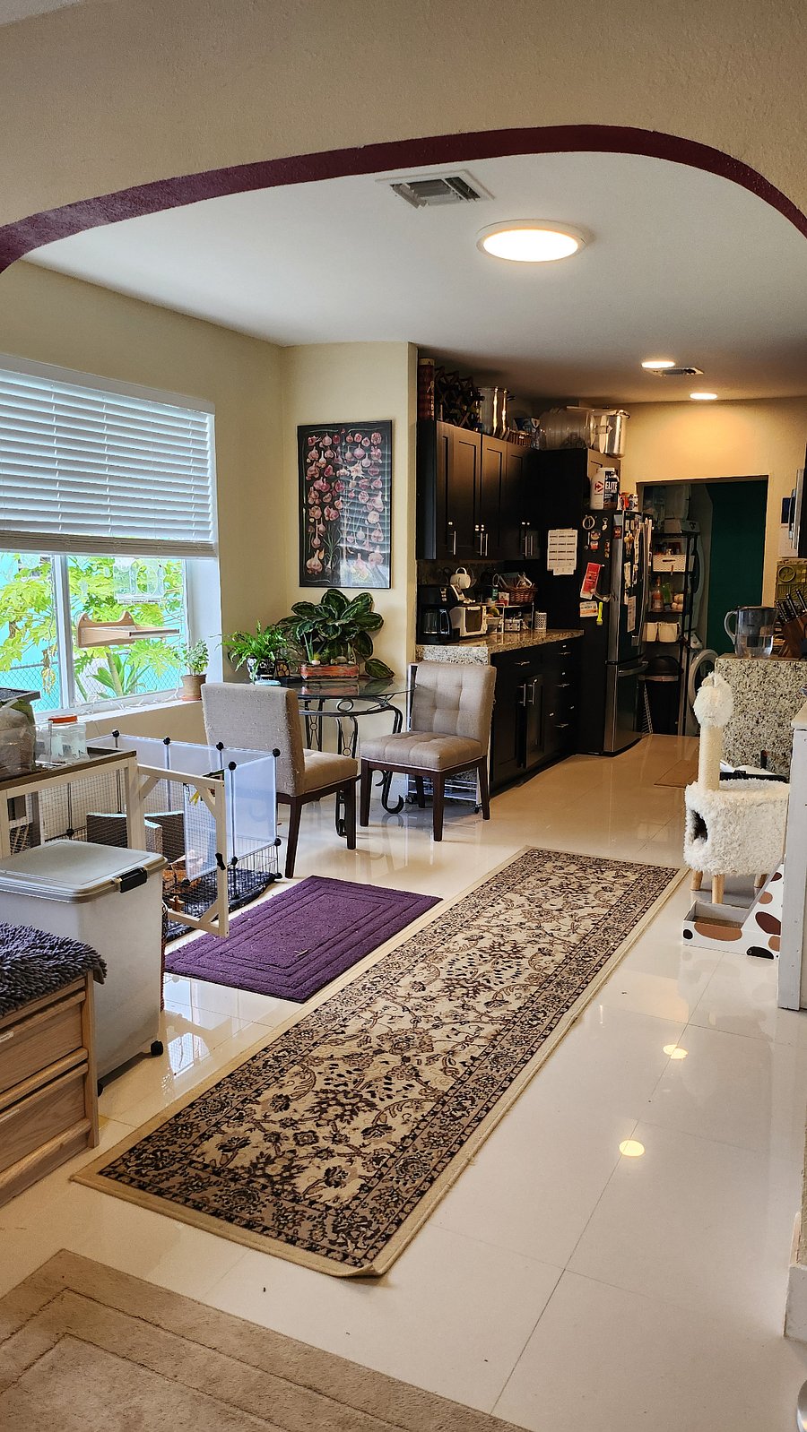 View of kitchen and living room with side garden visible