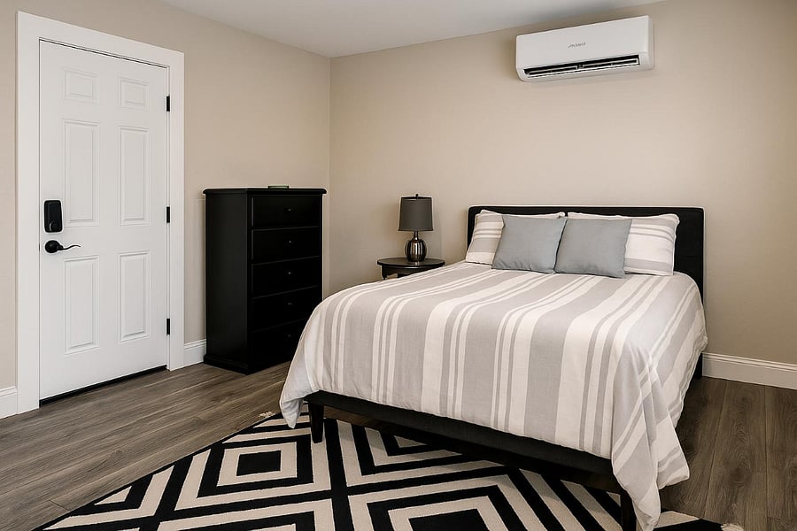 Comfortable Bedroom Area
The bedroom area offers a cozy retreat with a high-quality, comfortable bed dressed in fresh linens. A spacious dresser provides plenty of storage, while a full closet adds even more room for your belongings. Thoughtful touches make this space both relaxing and functional ideal for unwinding after a long day.