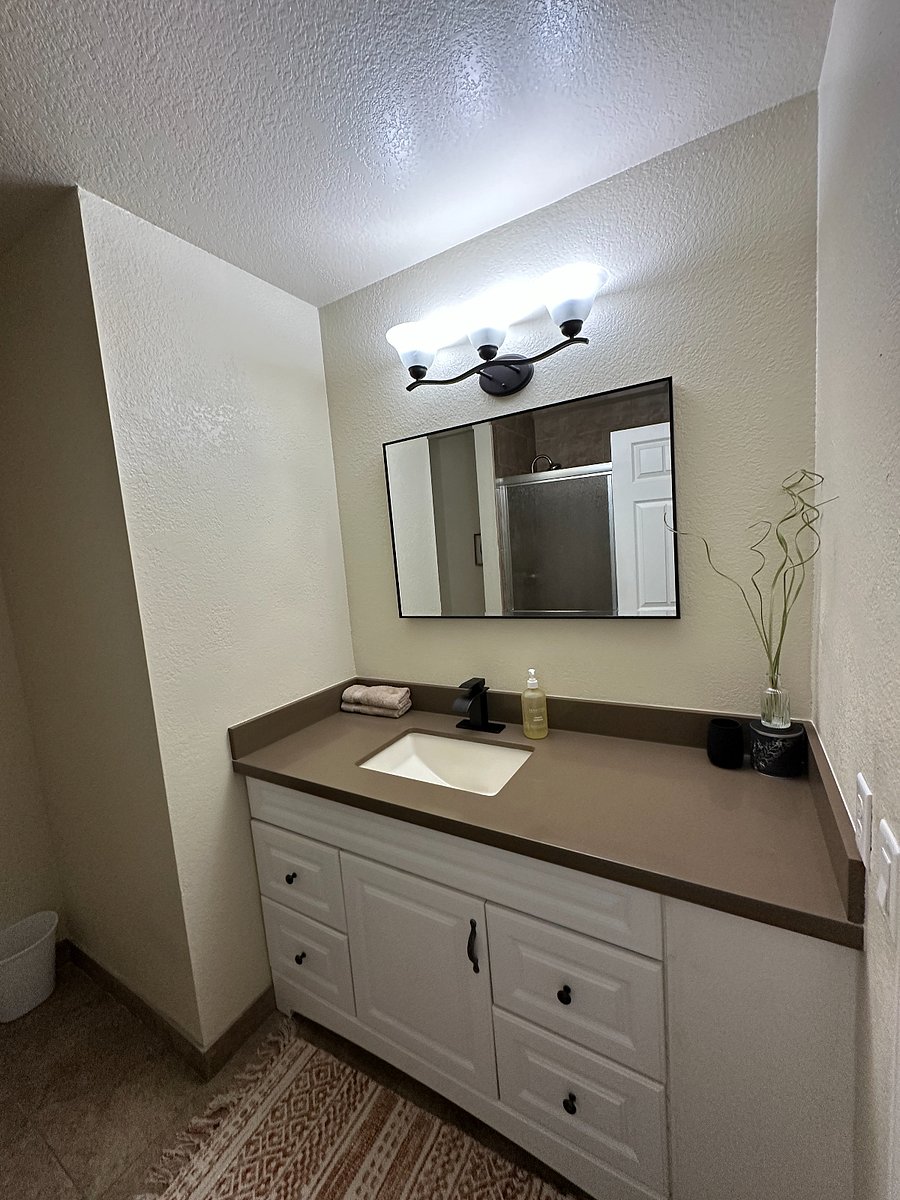 Updated Master Suite Bath with walk in tiled shower and half privacy toilet. 