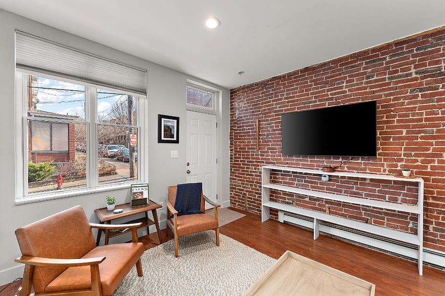Light filled entryway, Samsung Smart TV.