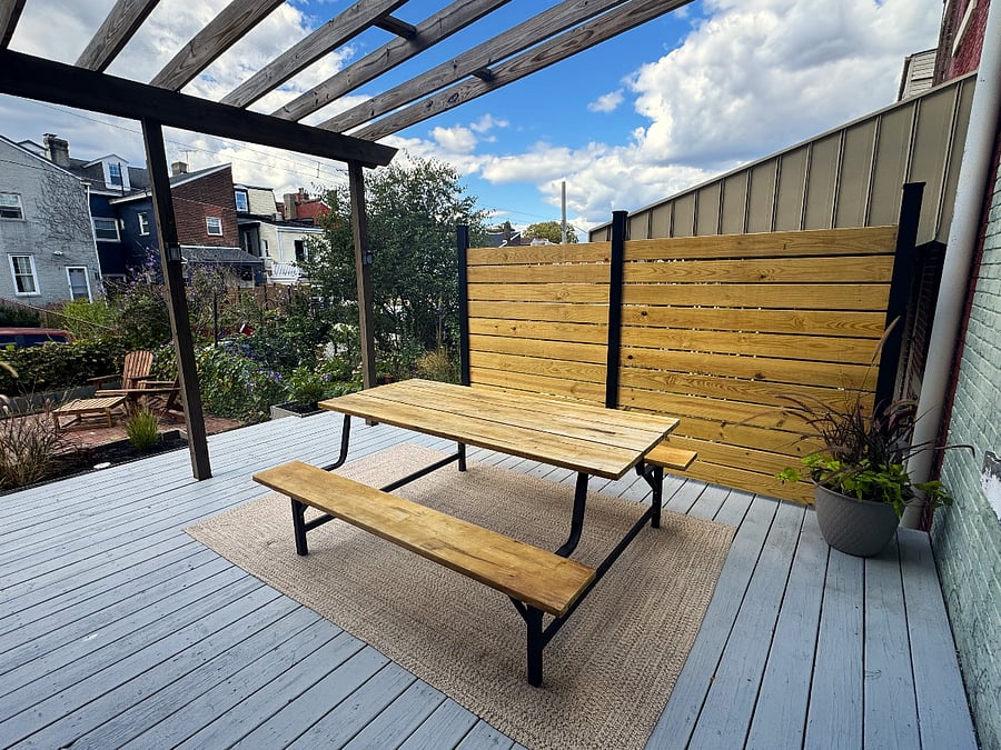 Enjoy your morning coffee in the newly updated back garden with fresh plantings, privacy fence, picnic table, and Adirondack chairs!