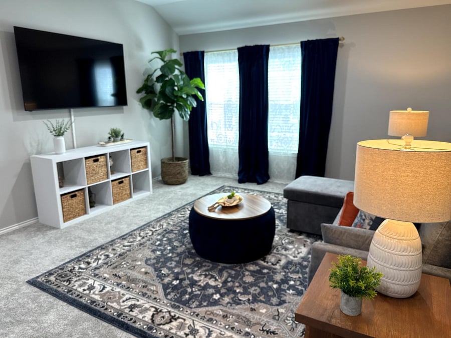 Blackout window treatments, plenty of storage.