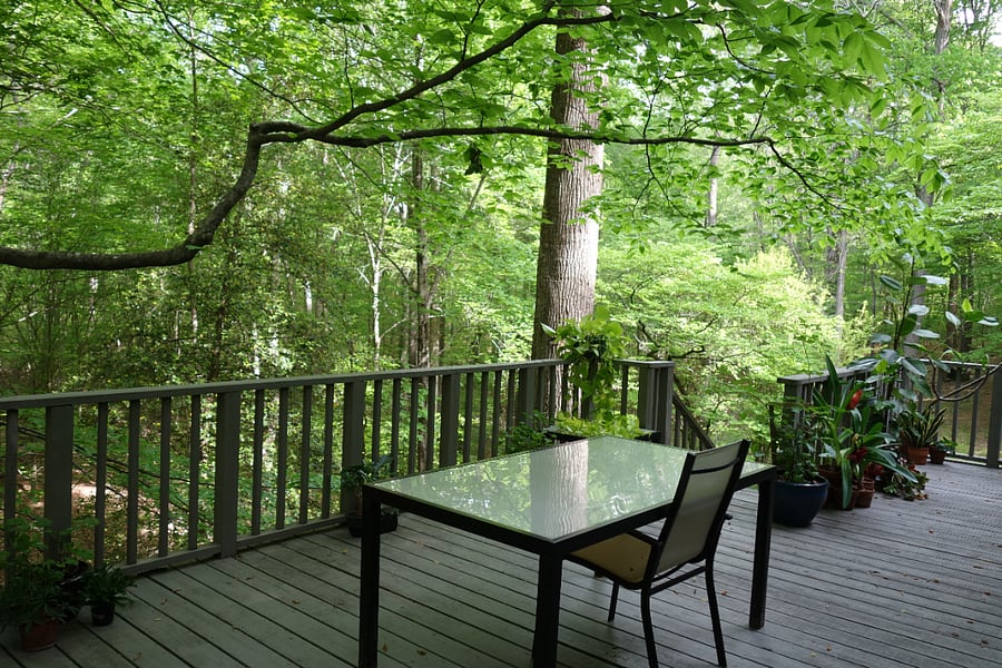 The porch is available for use year room, with a large table, chairs, and side table.  Here you can see some of the house plants have moved outside.