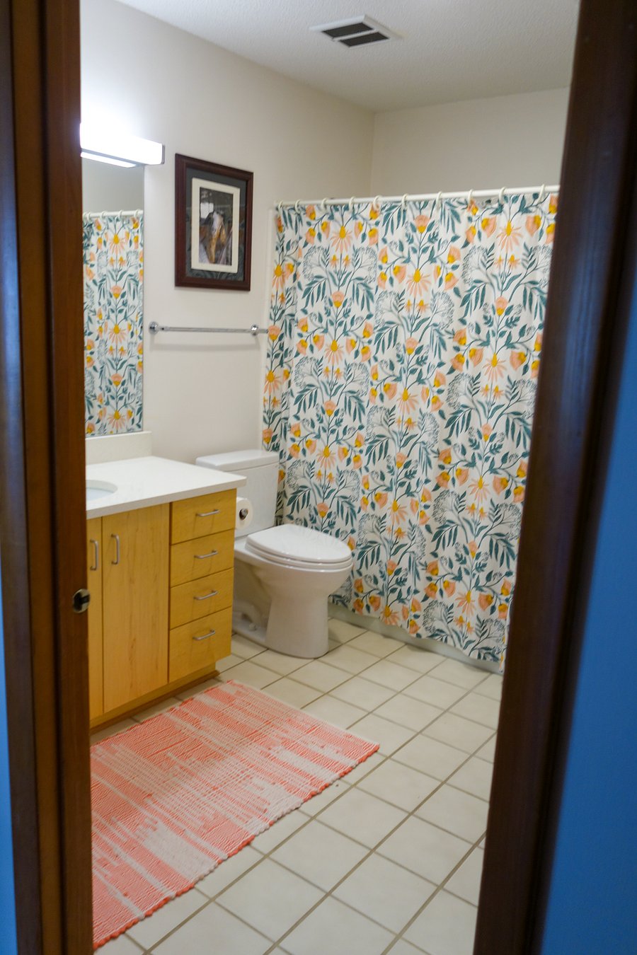 View into the bathroom from the hallway.