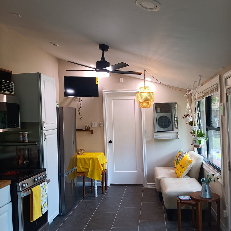 Kitchen is fully equipped with 24 inch stove and refrigerator. Also has a pantry for food.