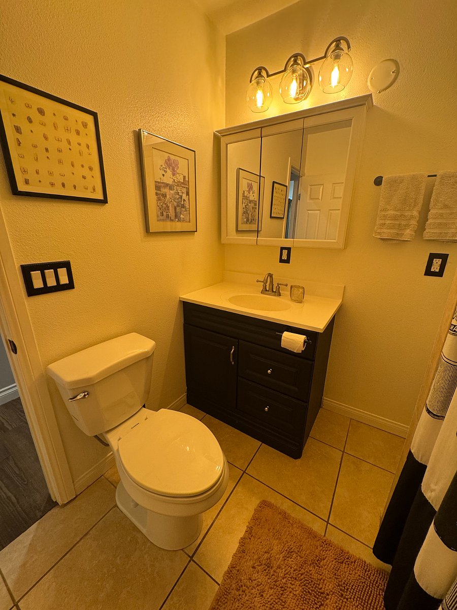 Vanity is a medicine cabinet to tuck away all bathroom essentials.