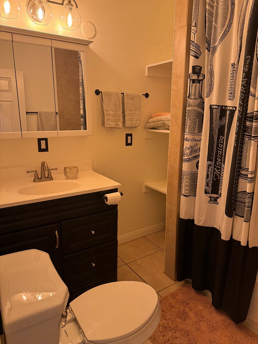 Bathroom will always be fully stocked with towels, travel sized toiletries, & essentials.