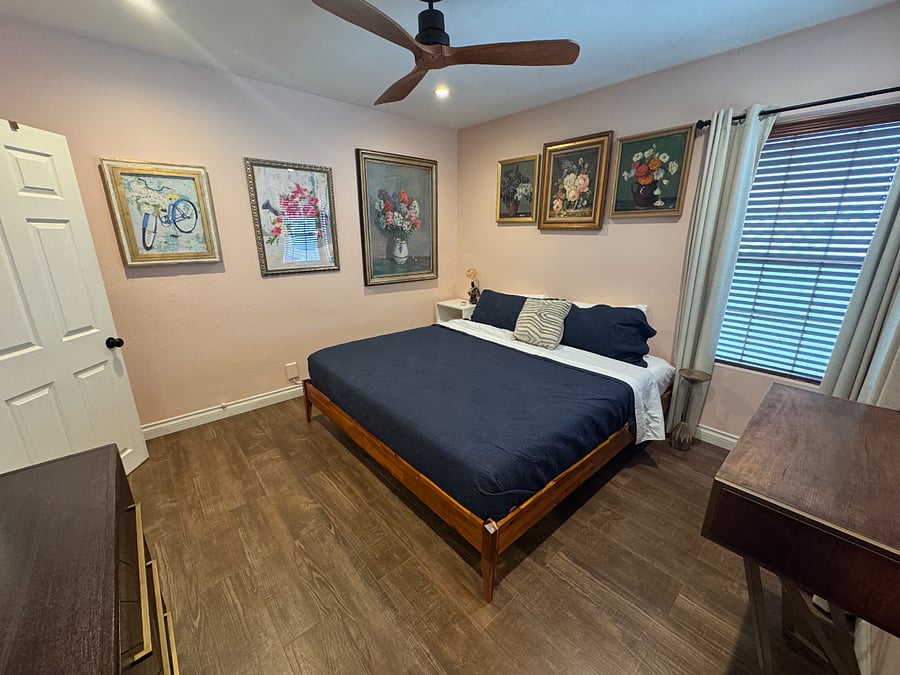 Cozy master bedroom with comfy King sized mattress.