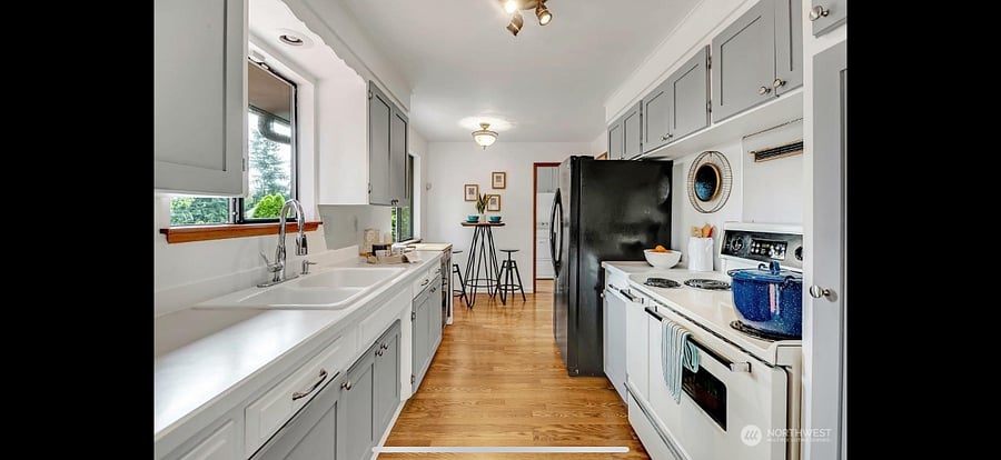 Shared kitchen. Laundry room in the background. Your private room door is located on the other side of the fridge.