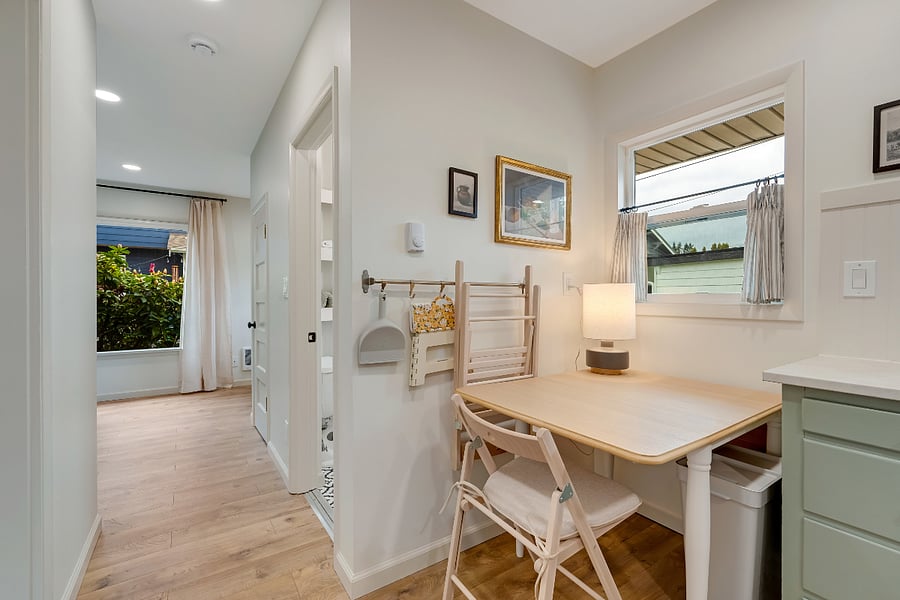 Kitchen table can expand to size needed. Extra seating is available.
