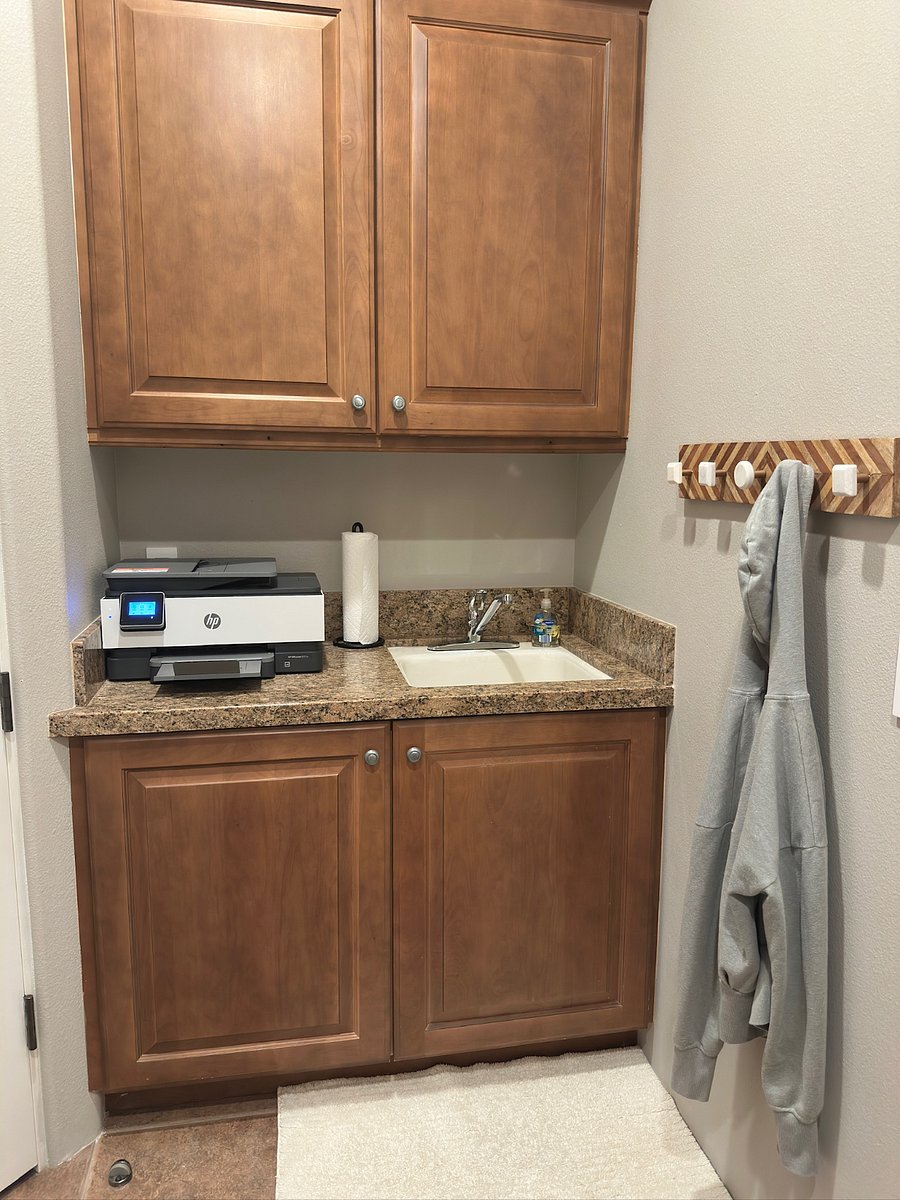 Laundry room sink, drying rack and WFH printer