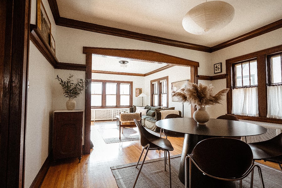 View from dining room into living room, amazing east and south facing light throughout the day.