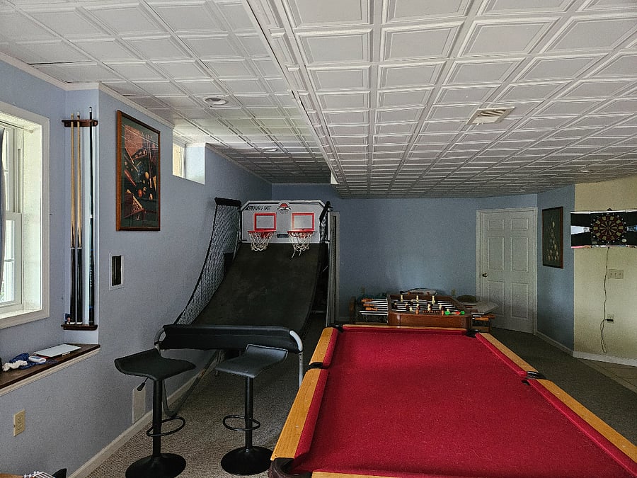 Basement, pool table, foosball, and basketball game