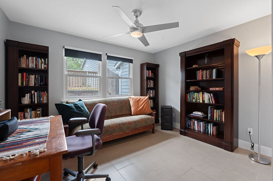 The office w a futon if you have an overnight guest. The top three shelves have been cleared away so that you have somewhere to place your own books or office things. 

You will find all of the literary classics in this room and in the living room.