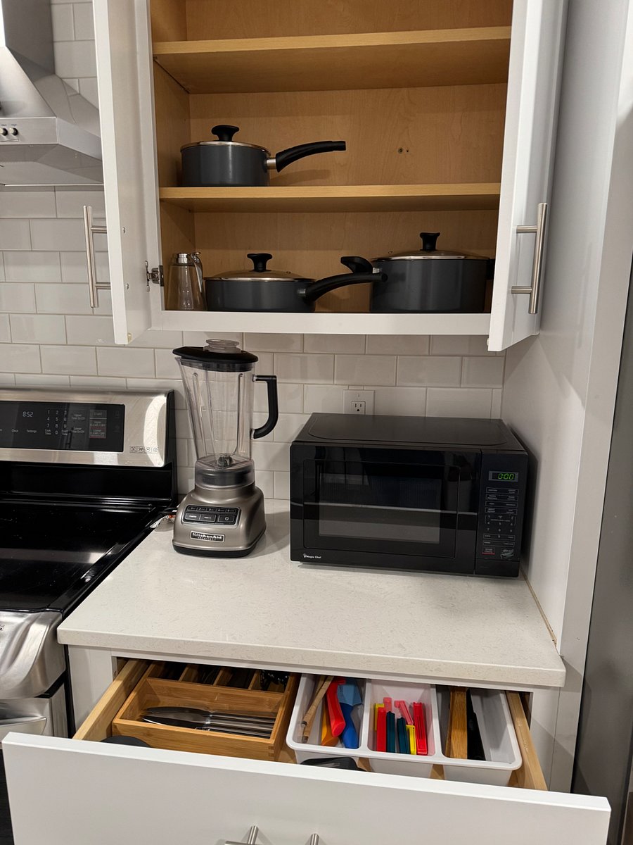 Amenities include toaster oven, coffee maker, microwave, blender