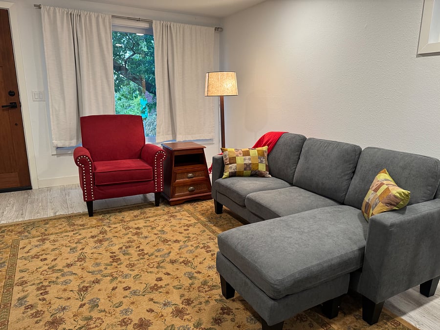 Comfy couch and armchair for sitting, relaxing, and watching TV