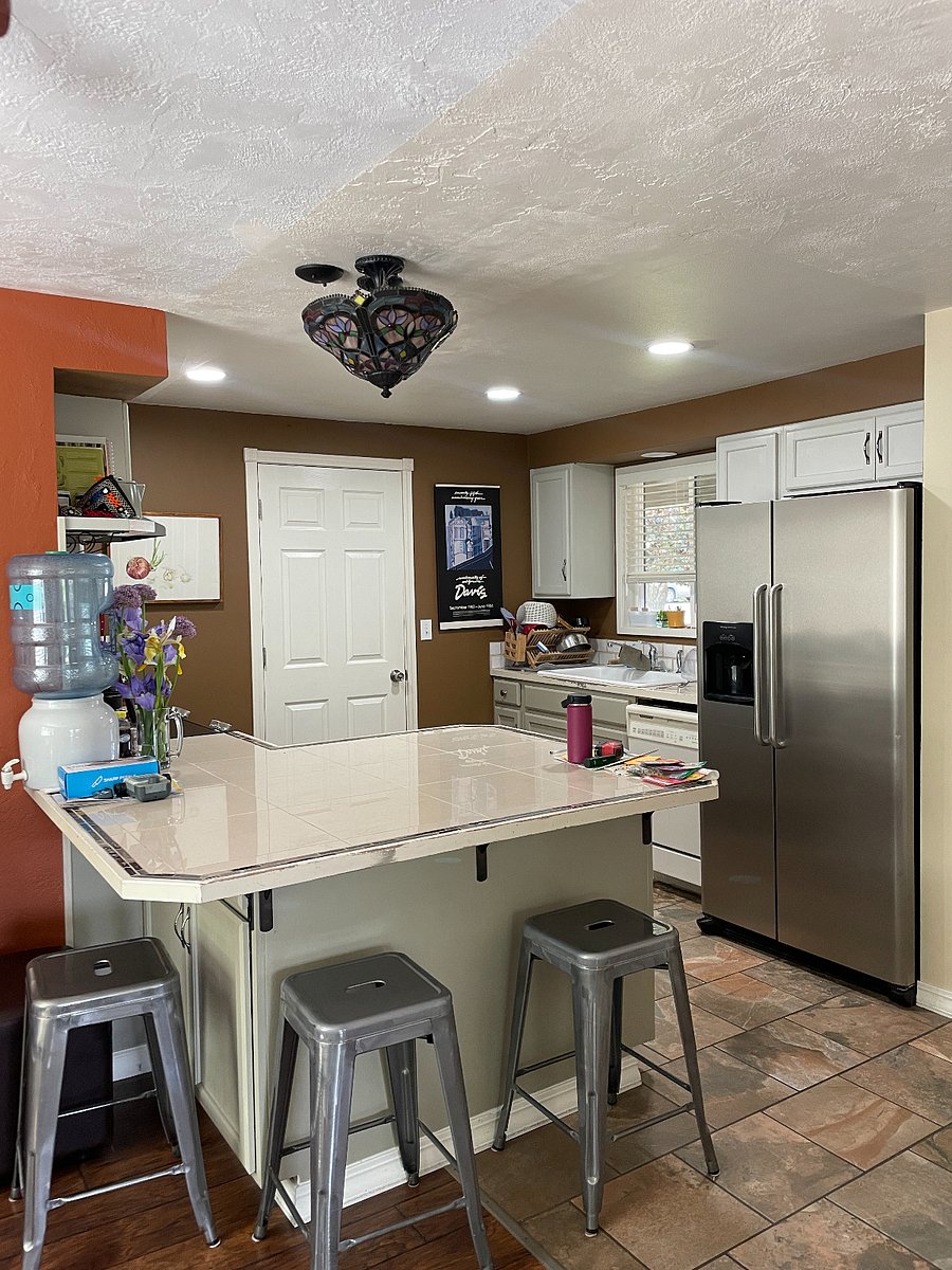 Kitchen space: includes oven, full-size fridge with water & ice maker, electric range, and dishwasher