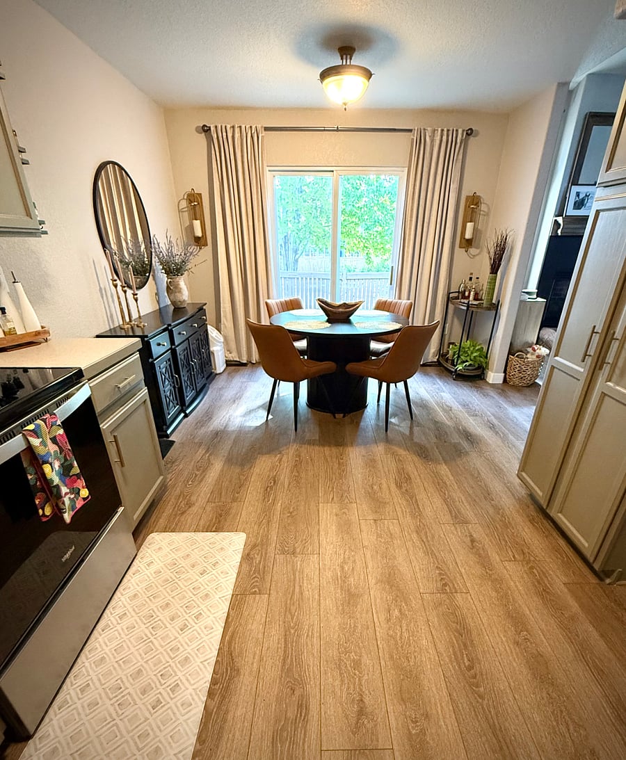 Modern decor throughout home. Open kitchen dining room. 