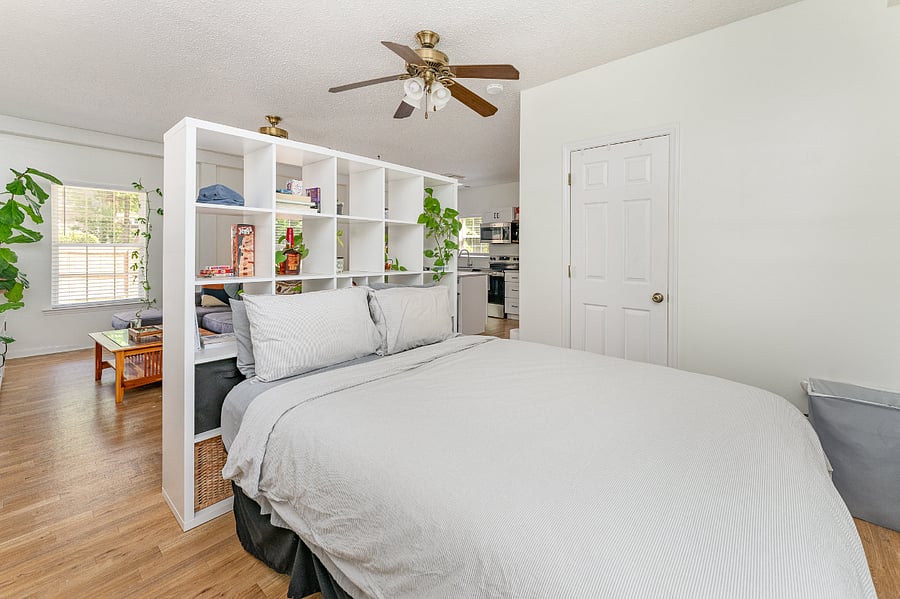 Queen-sized bed with walk-in closet