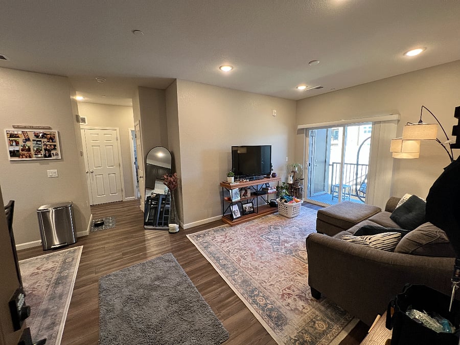 View from front door into living room and kitchen area
