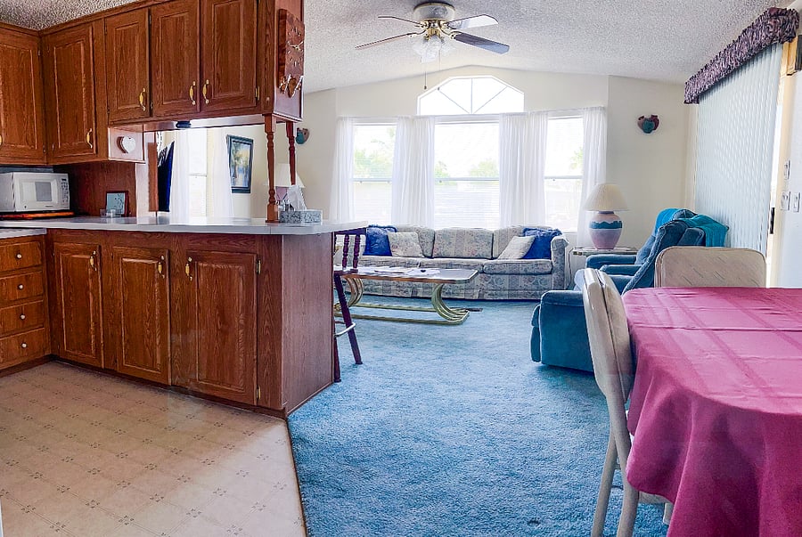 Open concept kitchen, living and dining area.