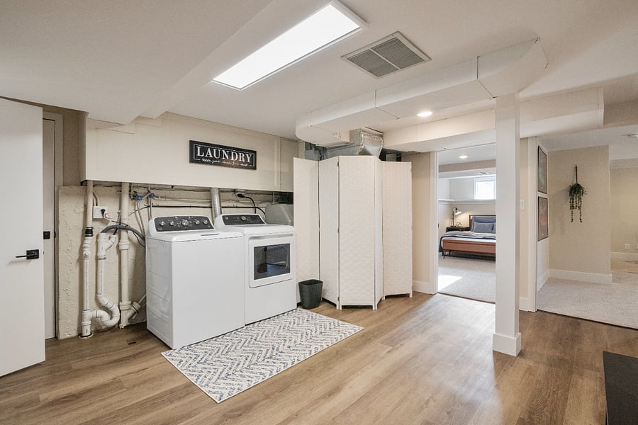 Full size washer and dryer located on the lower level. Drying rack, iron and ironing board available.