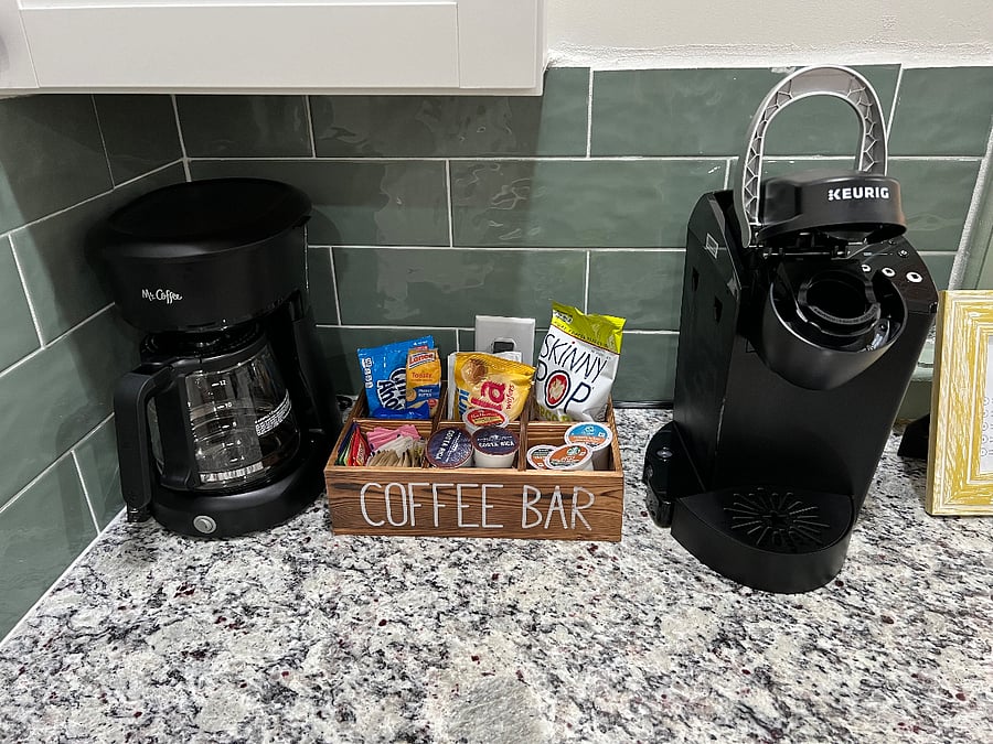 Keurig and drip coffee maker, coffee, tea and snacks to begin your stay
