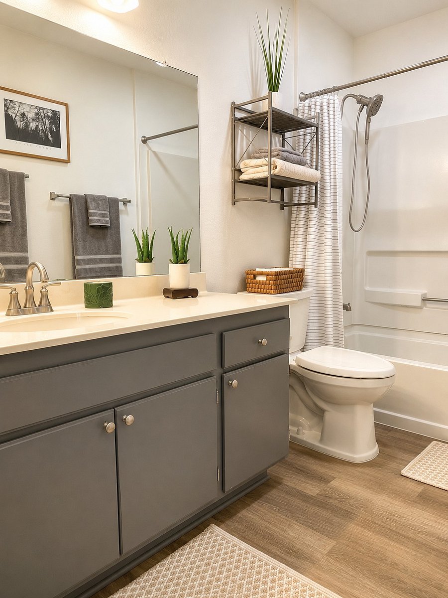 A roomy bathroom featuring a tub and shower combo.