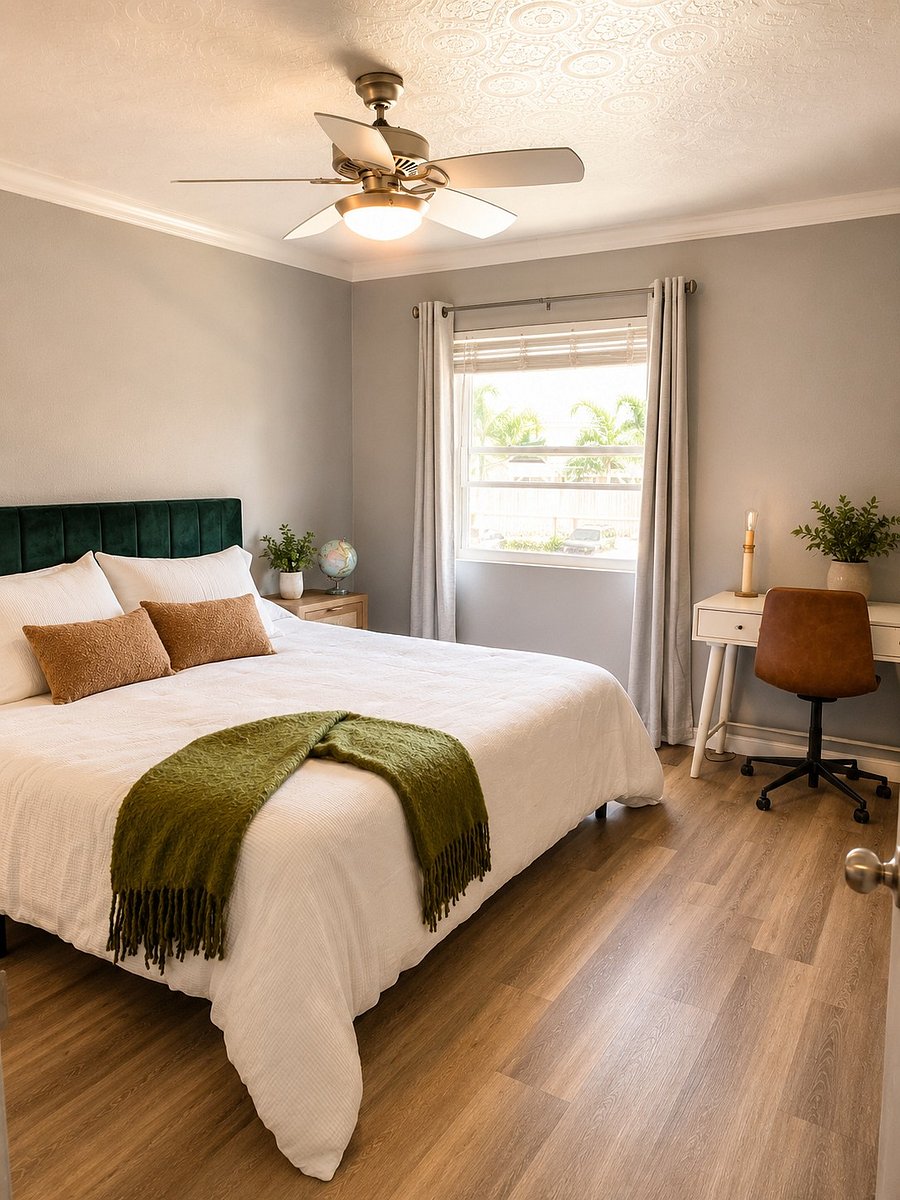 The master bedroom is very spacious, featuring a king-sized bed, two nightstands, a desk, a dresser, and a walk-in closet. It also comes with room-darkening blinds and drapes for added comfort.