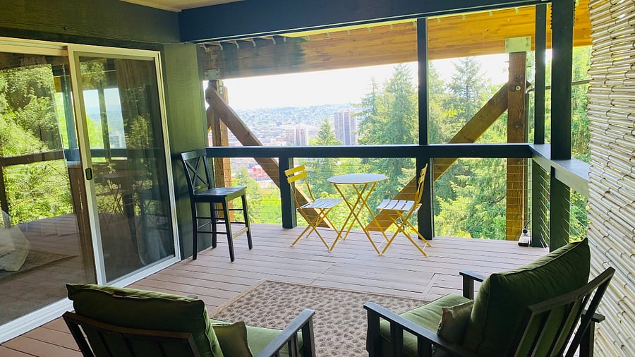 Kick back and enjoy views of Mt Hood and downtown Portland from private 230 sq ft covered deck.