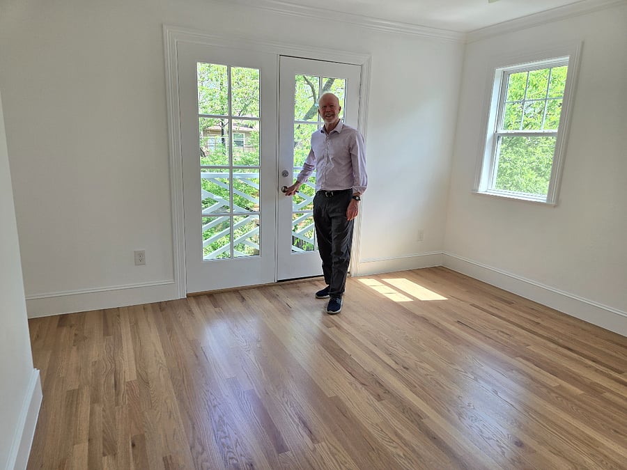 The "Gray" Room. One of two ensuite upstairs bedrooms available. Large walk-in closet inside bathroom.
