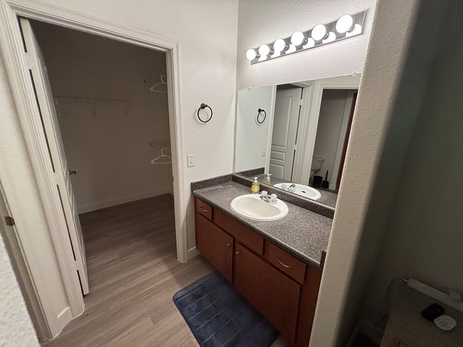 Primary ensuite bathroom with walk-in closet.